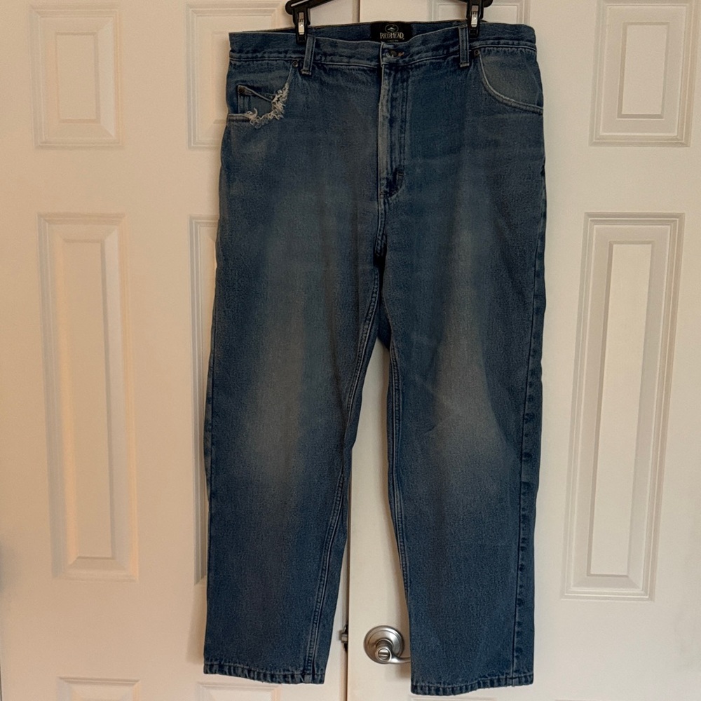 Red Head Men’s distressed  Blue Jeans with plaid inner lining size 40x30